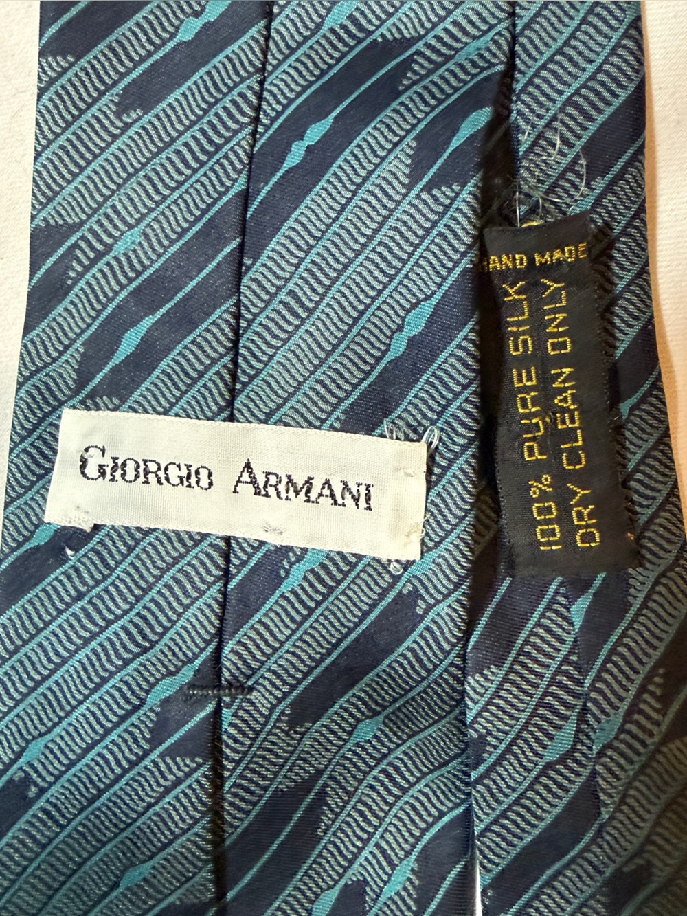 Vintage Giorgio Armani Teal and Navy Diagonal Pattern Silk Tie